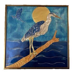 Blue and Gold Heron Mixed Media Art
